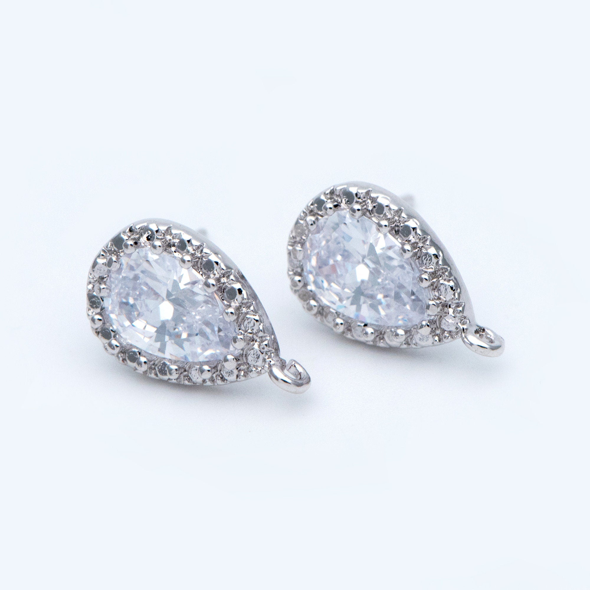 10pcs Gold/ Silver tone Teardrop Stud Earrings with Loop, CZ Pave Ear Posts 15x9mm, Gold/ Rhodium plated Brass Earring Findings (#GB-962)